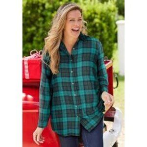 Woman Within Plus Size Flannel Shirt Women's 5X Green Plaid Button Up Classic Co